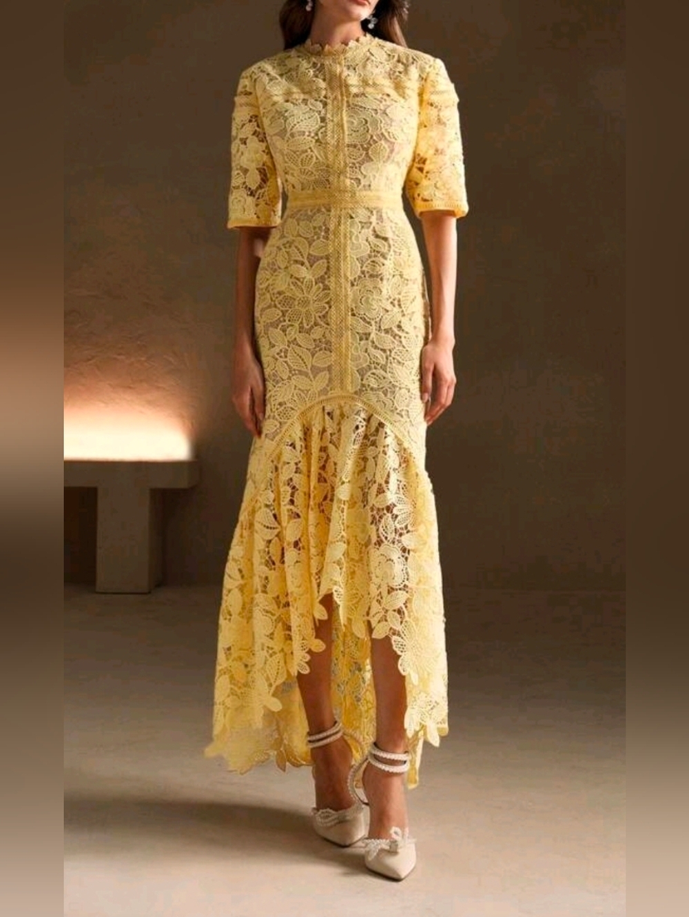New Beautiful Embroidered Lace Overlay High Low Maxi Dress Yellow Tan